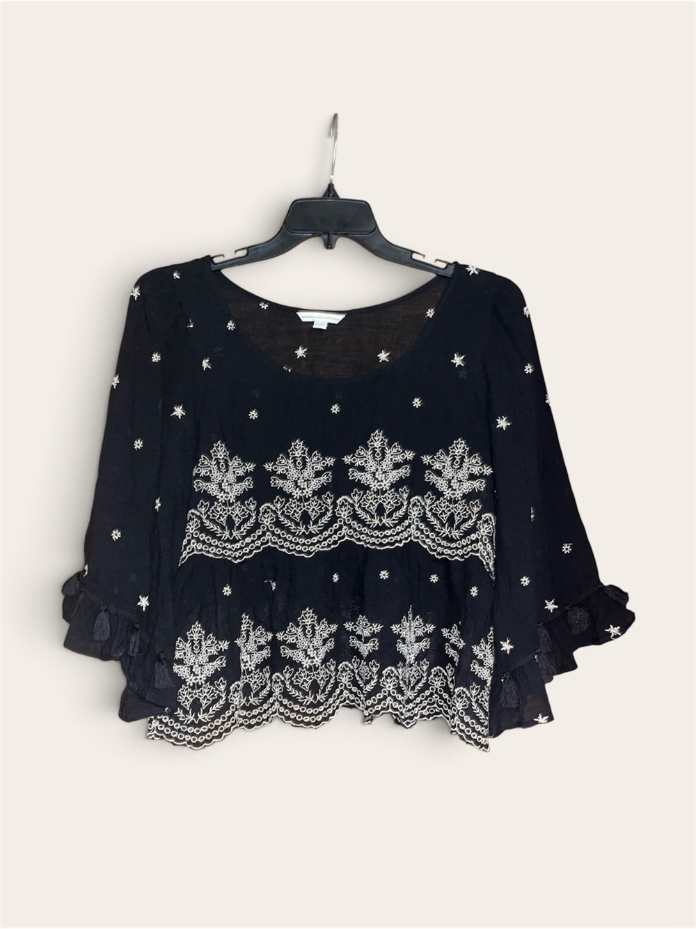 Embroidered Black Peasant Top with  Cream Detailing